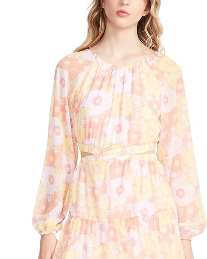 Front of a model wearing a size L Cadi Mini Dress In Pink Multi in Pink Multi by BB Dakota. | dia_product_style_image_id:346405